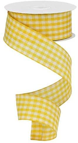 Primitive Gingham Check Wired Ribbon : Mustard Yellow, Ivory - 1.5 Inches x 10 Yards