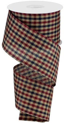 Primitive Gingham Check Wired Ribbon : Navy Blue, Burgundy Red, Tan Beige - 2.5 Inches x 10 Yards (30 Feet)