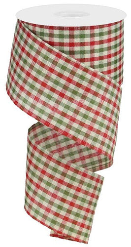 Primitive Gingham Check Wired Ribbon : Red Moss Ivory - 2.5 Inches x 10 Yards (30 Feet)