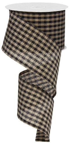 Primitive Gingham Check Wired Ribbon: Black & Tan Beige - 2.5 Inches x 10 Yards (30 Feet)