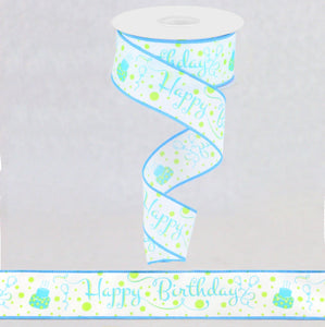 Happy Birthday Satin Wired Ribbon: White, Lime, Turquoise - 1.5 Inches x 10 Yards (30 Feet)