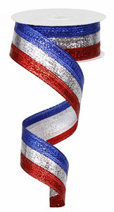Metallic Wired Ribbon : Red Silver Royal Blue Stripe - 1.5 Inches x 10 Yards (30 Feet)