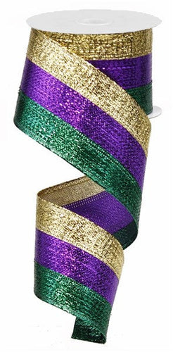 Metallic Wired Ribbon : Purple, Green & Gold Mardi Gras - 2.5 Inches x 10 Yards (30 Feet)