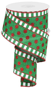 Glitter Stripes and Dots Wired Ribbon : Emerald Red White - 2.5 Inches x 10 Yards (30 Feet)