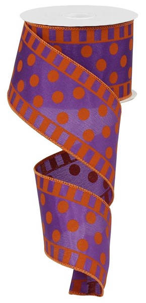 Dots & Stripes Satin Wired Ribbon : Purple, Orange - 2.5 Inches x 10 Yards (30 Feet)