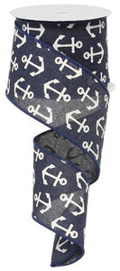 Woven Anchor Wired Ribbon : Navy Blue, White - 2.5 Inches x 10 Yards (30 Feet)
