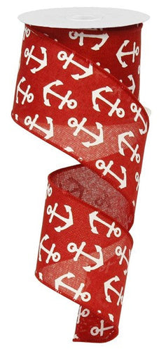 Woven Anchor Wired Ribbon : Red White - 2.5 Inches x 10 Yards (30 Feet)