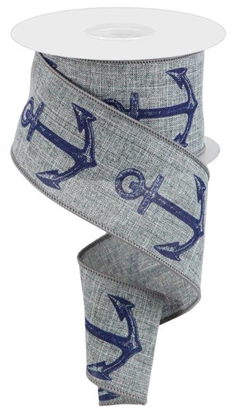 Anchor Wired Ribbon: Grey Gray, Navy Blue - 2.5 Inches x 10 Yards (30 Feet)