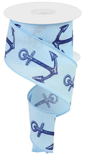 Woven Anchor Wired Ribbon : Pale Blue Navy - 2.5 Inches x 10 Yards (30 Feet)