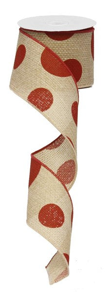 Giant Polka Dots Faux Burlap Wired Ribbon : Natural Beige, Red - 2.5 Inches x 10 Yards
