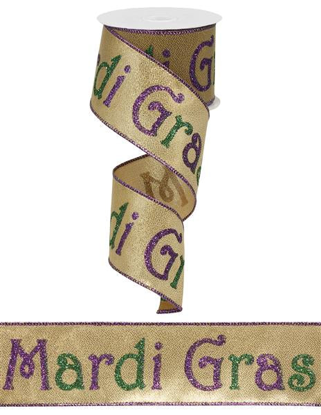 Mardi Gras Wired Ribbon : Gold Lame Print - 2.5 Inches x 10 Yards (30 Feet)