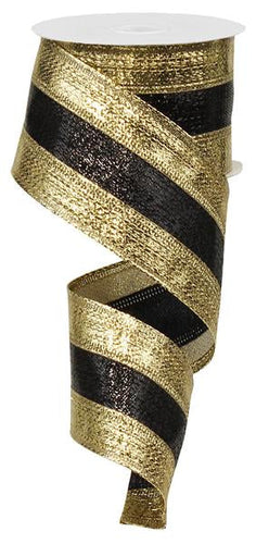 Metallic Stripe Vertical Line Wired Ribbon : Black & Gold - 2.5 Inches x 10 Yards (30 Feet)