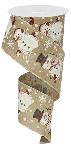Snowman Wired Ribbon : Light Beige Christmas - 2.5 Inches x 10 Yards (30 Feet)