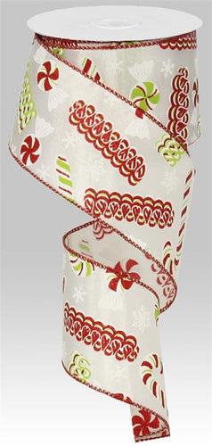 Christmas Candy Wired Ribbon : Red White Lime Green - 2.5 Inches x 10 Yards (30 Feet)