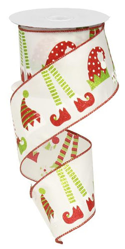 Elf Hats and Legs Christmas Wired Ribbon : White Red Lime Green - 2.5 Inches x 10 Yards (30 Feet)