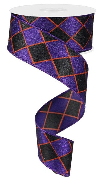 Glitter Harlequin Wired Ribbon : Black Purple Orange - 1.5 Inches x 10 Yards (30 Feet)
