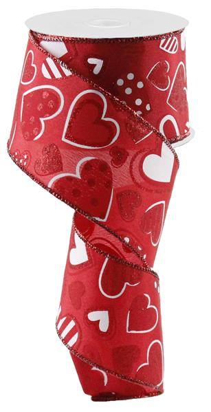 Patterned Hearts Wired Ribbon : Red White - 2.5 Inches x 10 Yards (30 Feet)