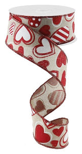 Patterned Hearts Canvas Wired Ribbon : Natural Beige, White Red - 1.5 Inches x 10 Yards (30 Feet)