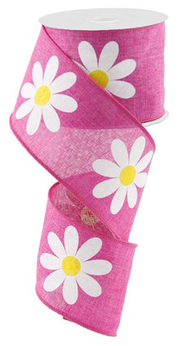 Daisy Flower Canvas Wired Ribbon : Fuchsia Pink Yellow White - 2.5 Inches x 10 Yards (30 Feet)