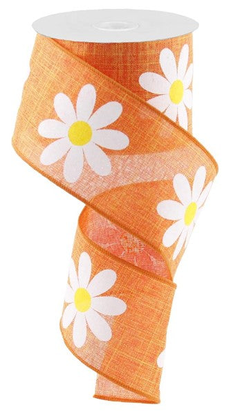 Daisy Flower Canvas Wired Ribbon : Orange - 2.5 Inches x 10 Yards (30 Feet)