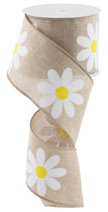 Daisy Flower Canvas Wired Ribbon : Light Tan Beige - 2.5 Inches x 10 Yards (30 Feet)