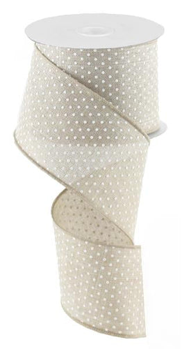 Raised Swiss Polka Dots Wired Ribbon : Natural Beige, White - 2.5 Inches x 10 Yards (30 Feet)