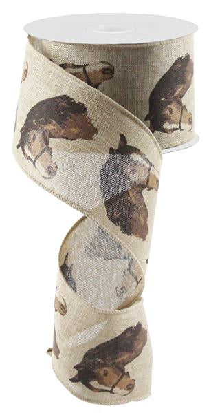 Horse Head Burlap Wired Ribbon : Brown Beige - 2.5 Inches x 10 Yards (30 Feet)