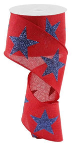Bold Star on Metallic Wired Ribbon : Red Navy Blue - 2.5 Inches x 10 Yards (30 Feet)