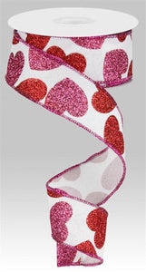 Glitter Hearts Wired Ribbon : White Red Pink - 1.5 Inches x 10 Yards