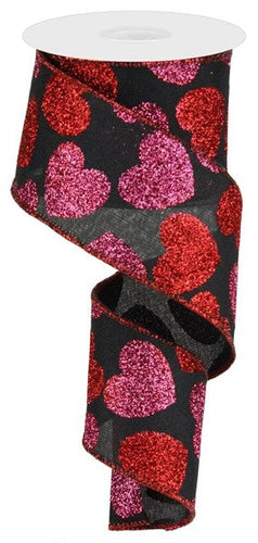 Glitter Hearts Wired Ribbon : Black Red Pink - 2.5 Inches x 10 Yards (30 Feet)