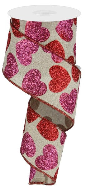 Glitter Hearts Wired Ribbon : Natural Beige Red Pink - 2.5 Inches x 10 Yards (30 Feet)