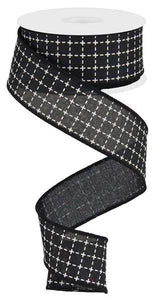 Raised Stitched Squares Wired Ribbon : Black White - 1.5 Inches x 10 Yards (30 Feet)