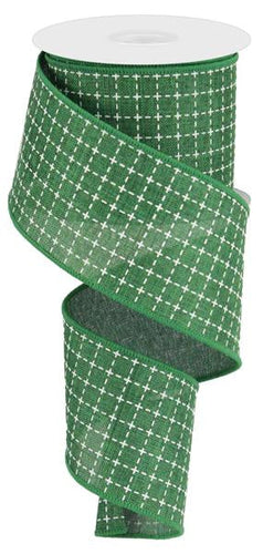 Raised Stitched Squares Wired Ribbon : Emerald Green White - 2.5 Inches x 10 Yards (30 Feet)