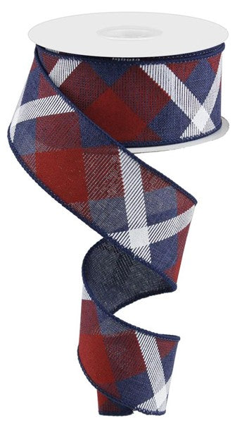 Plaid Canvas Wired Ribbon : Navy Blue, Red, White - 1.5 Inches x 10 Yards (30 Feet)