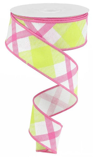 Plaid Canvas Wired Ribbon : White, Lime Green, Hot Pink - 1.5 Inches x 10 Yards (30 Feet)