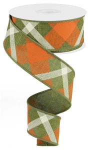 Plaid Canvas Wired Ribbon : Fern Green, Orange, Cream Ivory - 1.5 Inches x 10 Yards (30 Feet)