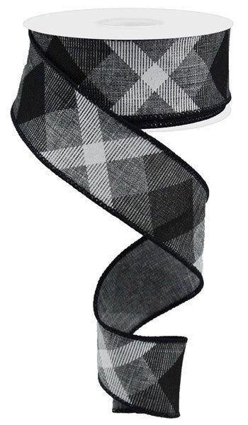 Plaid Canvas Wired Ribbon : Grey Gray Black White - 1.5 Inches x 10 Yards (30 Feet)