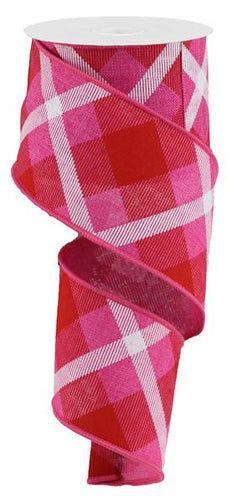 Plaid Canvas Wired Ribbon, 10 Yards (Fuchsia Pink, Red, White, 2.5 Inches)