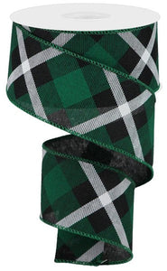 Plaid Canvas Wired Ribbon : Green Black White - 2.5 Inches x 10 Yards (30 Feet)