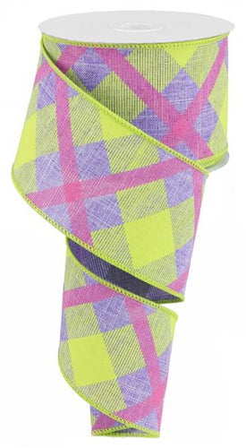 Plaid Canvas Wired Ribbon : Lavender Purple, Lime Green, Hot Pink - 2.5 Inches x 10 Yards (30 Feet)