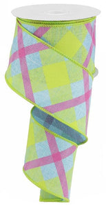 Plaid Canvas Wired Ribbon : Blue, Lime Green, Hot Pink - 2.5 Inches x 10 Yards (30 Feet)