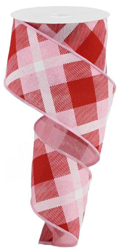 Plaid Canvas Wired Ribbon : Light Pink Red White - 2.5 Inches x 10 Yards (30 Feet)