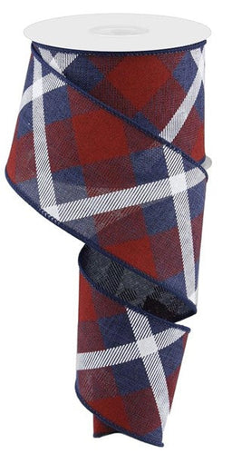 Plaid Canvas Wired Ribbon : Navy Blue, Red, White - 2.5 Inches x 10 Yards (30 Feet)