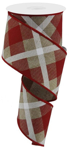 Plaid Canvas Wired Ribbon : Light Beige Red White - 2.5 Inches x 10 Yards (30 Feet)