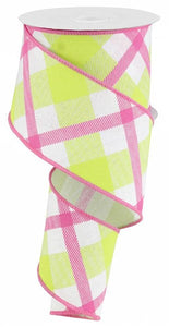 Plaid Canvas Wired Ribbon : White, Lime Green, Hot Pink - 2.5 Inches x 10 Yards (30 Feet)