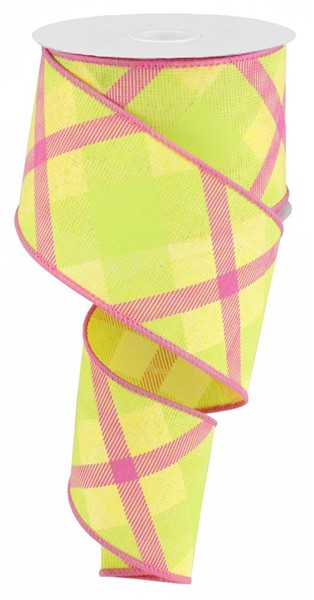 Plaid Canvas Wired Ribbon : Yellow, Lime Green, Hot Pink - 2.5 Inches x 10 Yards (30 Feet)