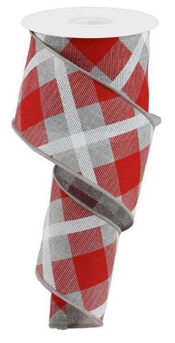 Plaid Canvas Wired Ribbon, 10 Yards (Light Grey Gray, Red, White, 2.5 Inches)