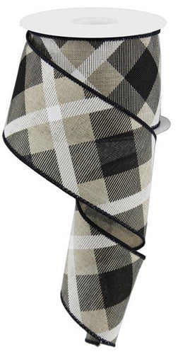 Plaid Canvas Wired Ribbon, 10 Yards (Natural Beige, Black, White, 2.5 Inches)