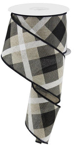 Plaid Canvas Wired Ribbon, 10 Yards (Natural Beige, Black, White, 2.5 Inches)