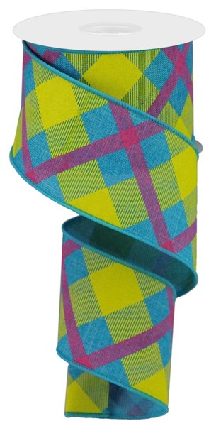 Plaid Canvas Wired Ribbon, 10 Yards (Turquoise Blue, Yellow, Hot Pink, 2.5 Inches)